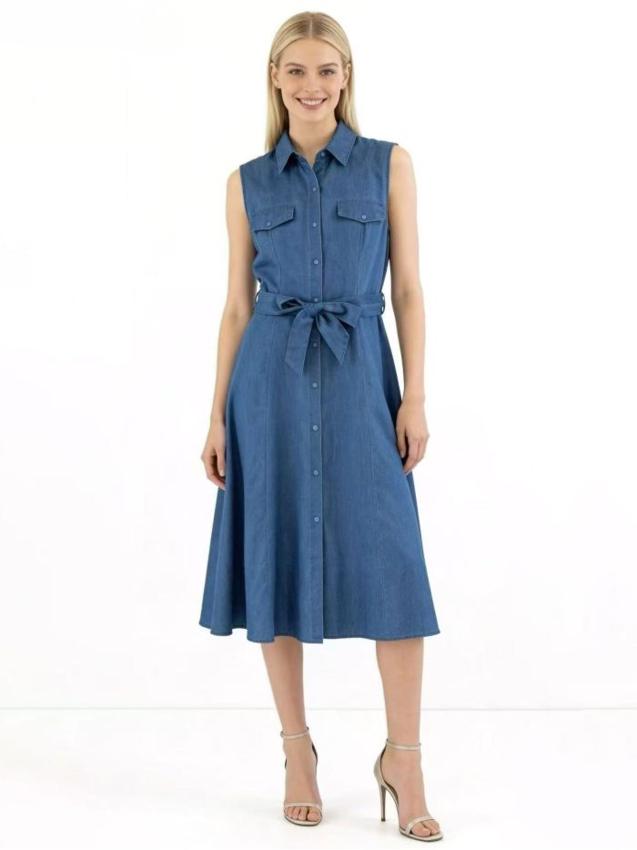 Vestido camisero midi símil denim sin mangas con cinturón