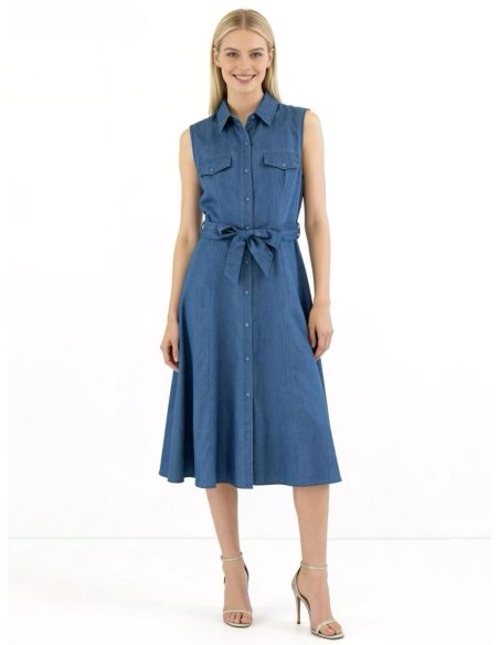 Vestido camisero midi símil denim sin mangas con cinturón