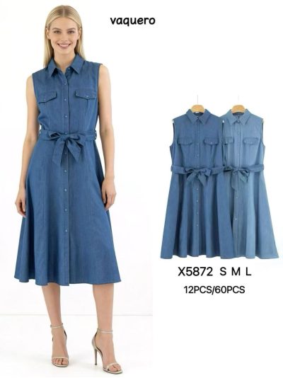 Vestido camisero midi símil denim sin mangas con cinturón 2