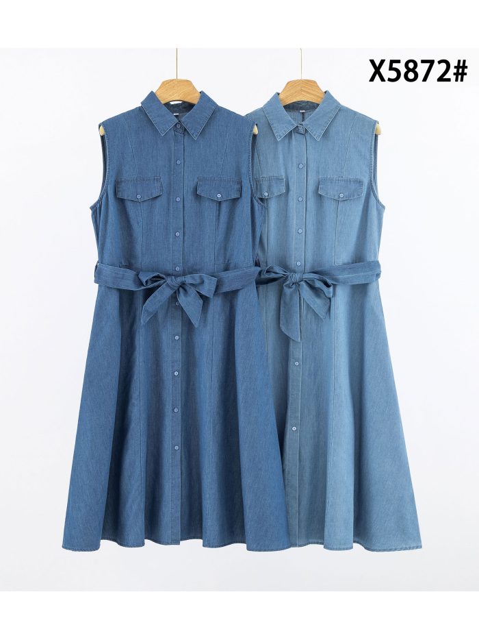 Vestido camisero midi símil denim sin mangas con cinturón