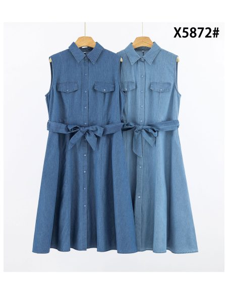Vestido camisero midi símil denim sin mangas con cinturón
