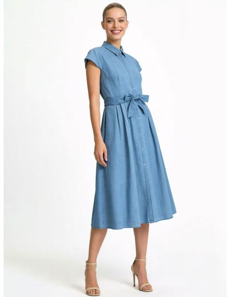 Vestido camisero midi símil denim manga corta con cinturón