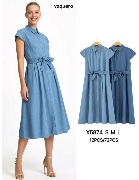 Vestido camisero midi símil denim manga corta con cinturón