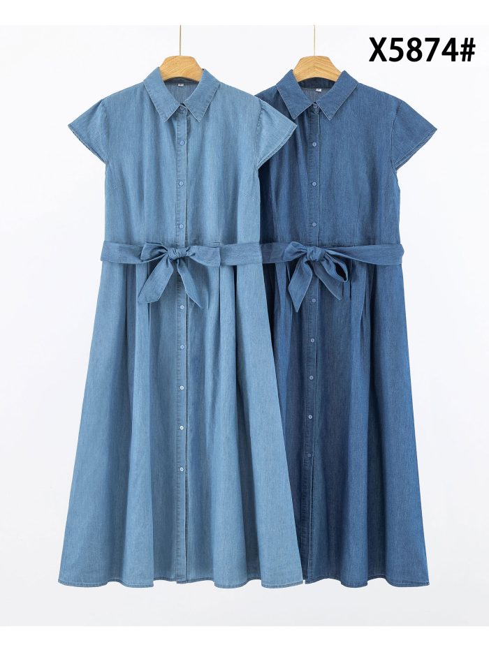Vestido camisero midi símil denim manga corta con cinturón