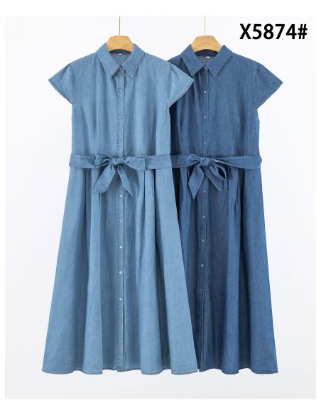 Vestido camisero midi símil denim manga corta con cinturón
