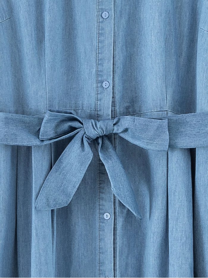 Vestido camisero midi símil denim manga corta con cinturón