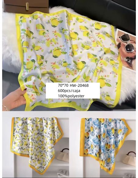 Lenço quadrado com efeito seda e estampa de limão.