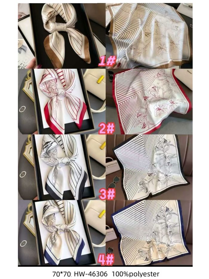 Lenço quadrado com efeito seda, listras e flores.