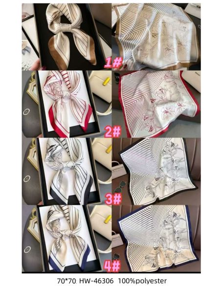 Lenço quadrado com efeito seda, listras e flores.