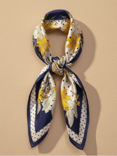 Écharpe carrée à pois et fleurs, effet soie
