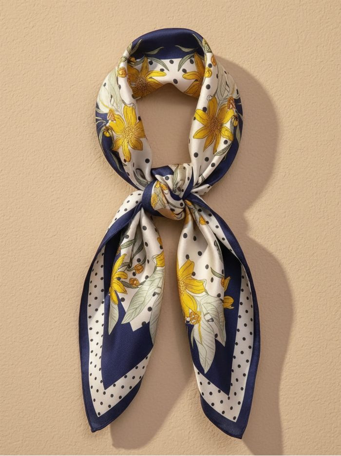 Sciarpa quadrata a pois con fiori, effetto seta