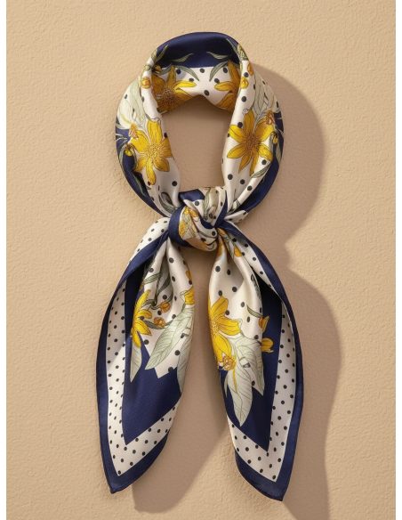 Sciarpa quadrata a pois con fiori, effetto seta