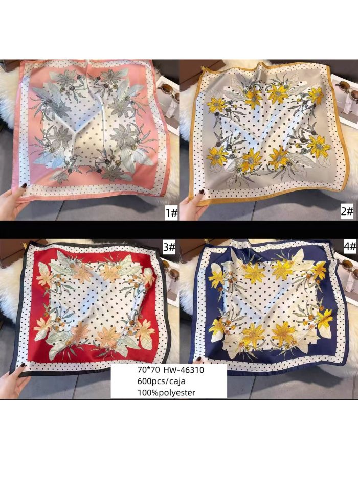 Sciarpa quadrata a pois con fiori, effetto seta