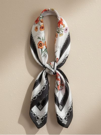 Pañuelo efecto seda cuadrado floral con marco de cadenas