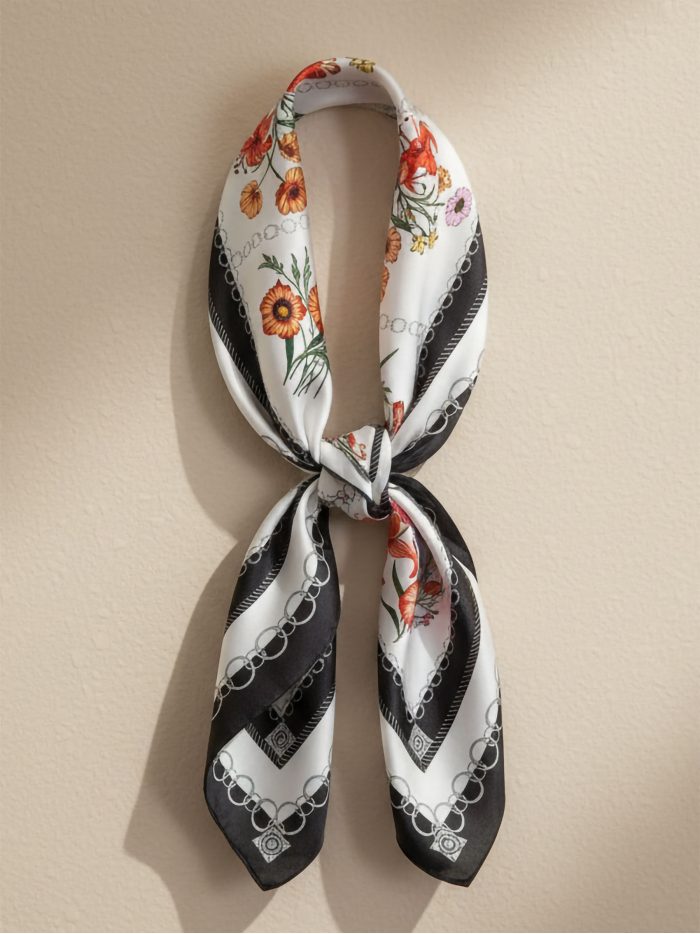 Pañuelo efecto seda cuadrado floral con marco de cadenas