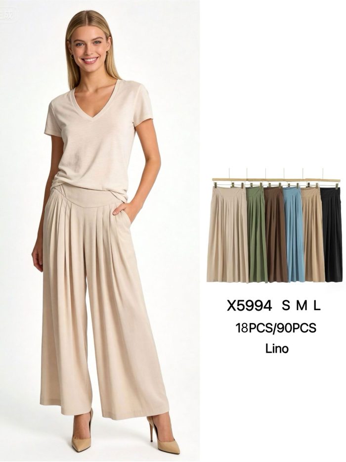 Pantalón efecto lino palazzo pliegues