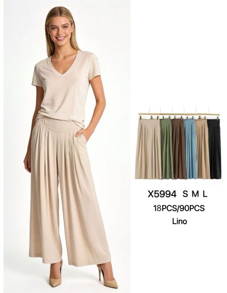 Pantalón efecto lino palazzo pliegues