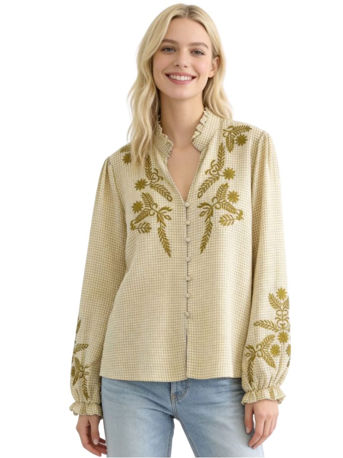 Vichy-Bluse mit botanischer Stickerei