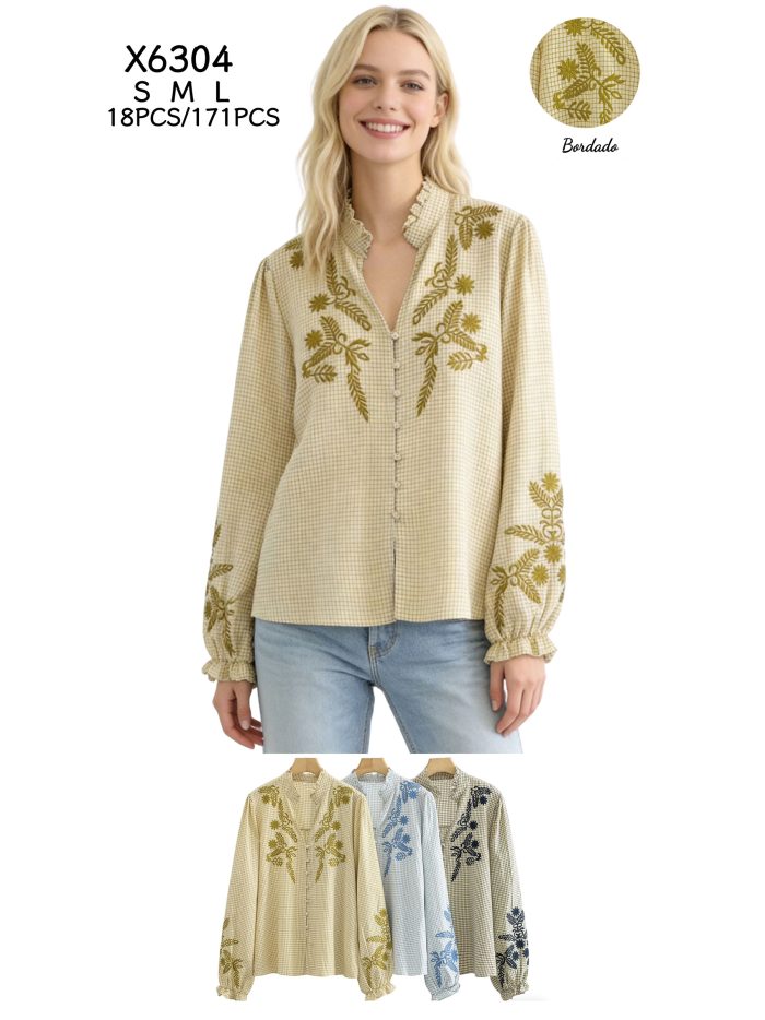 Vichy-Bluse mit botanischer Stickerei