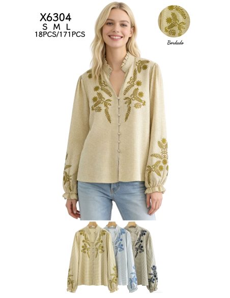 Vichy-Bluse mit botanischer Stickerei