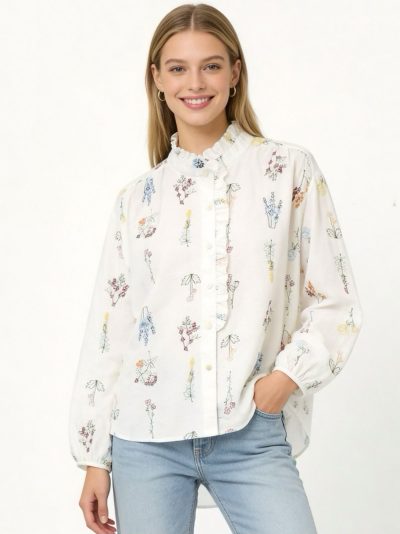 Blusa bordada floral con volante frontal