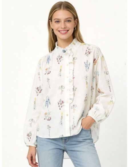 Chemisier brodé de fleurs avec volant sur le devant