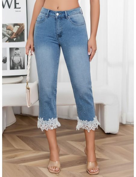 Jeans pirata strass con encaje
