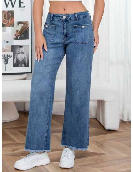 Jeans wide-leg con botones de perlas