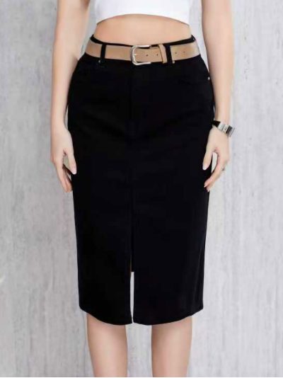 Falda denim midi cinturón con abertura frontal