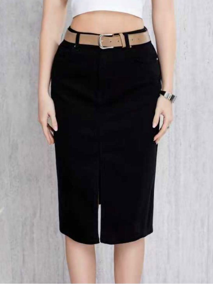 Falda denim midi cinturón con abertura frontal