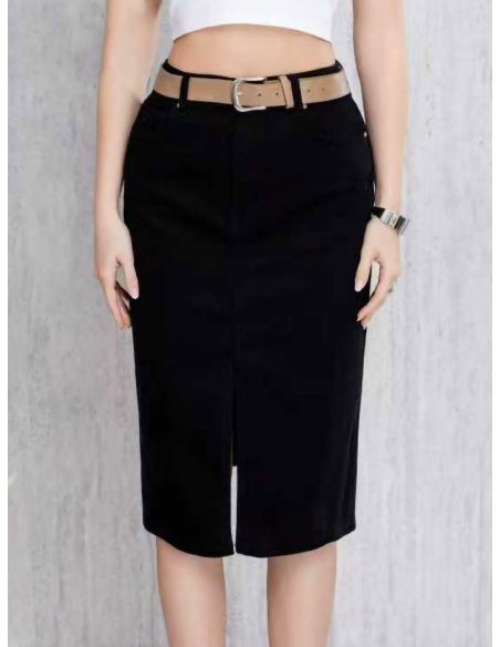 Falda denim midi cinturón con abertura frontal