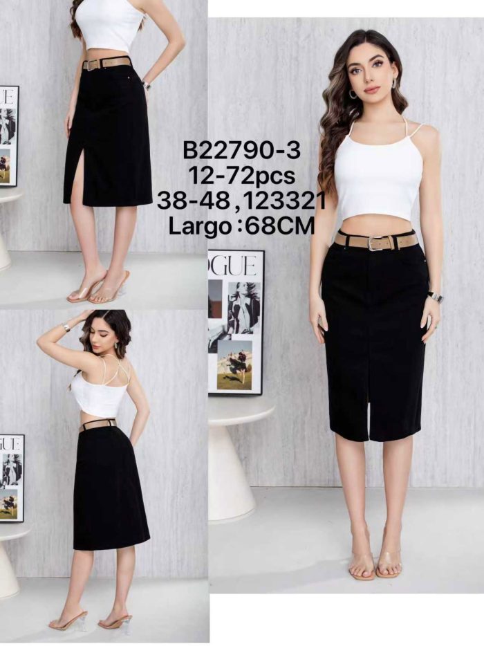 Falda denim midi cinturón con abertura frontal