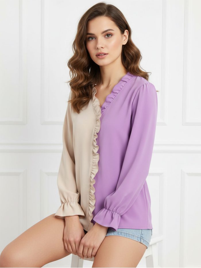 Zweifarbige Bluse mit Rüschen