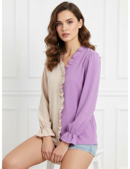 Zweifarbige Bluse mit Rüschen