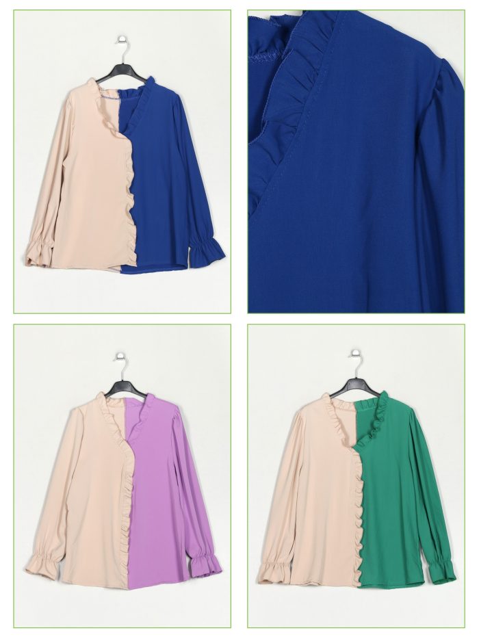 Zweifarbige Bluse mit Rüschen