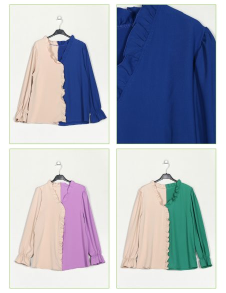 Zweifarbige Bluse mit Rüschen