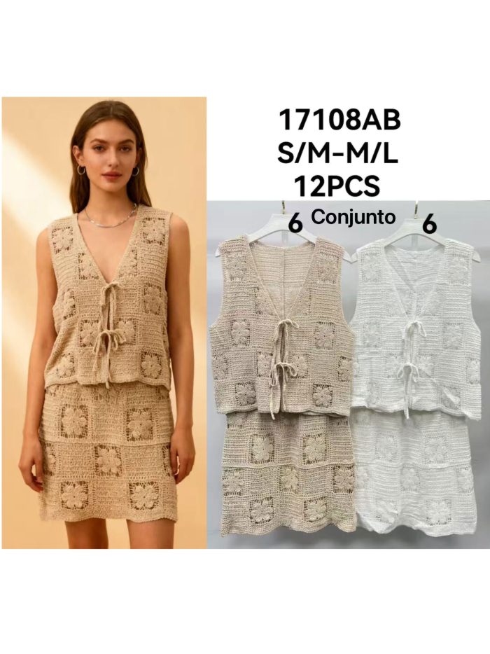 Completo gilet e gonna annodati all'uncinetto