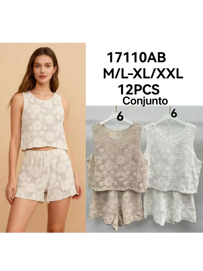 Conjunto de top corto de crochet floral y short