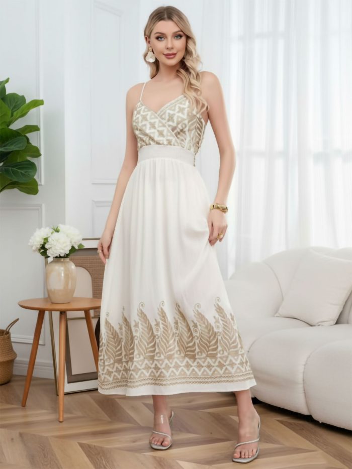 Vestido largo cruzado con bordado étnico
