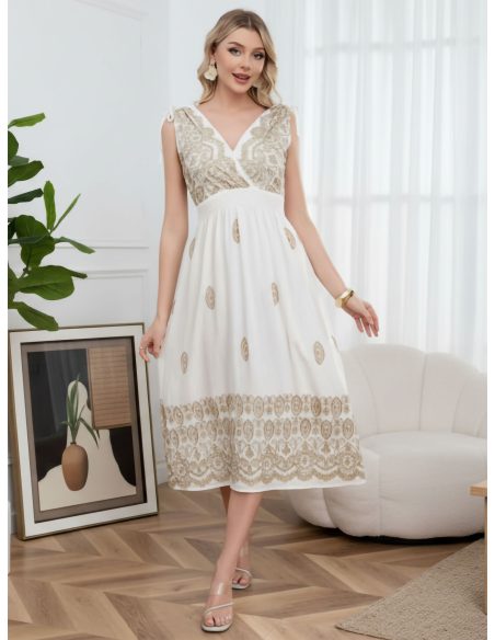 Vestido midi bordado con lazadas en hombros