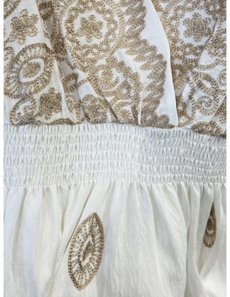 Vestido midi bordado con lazadas en hombros