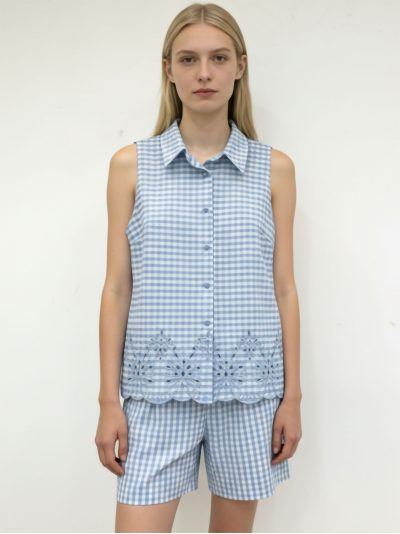 Conjunto de camisa sin mangas vichy bordado y short 