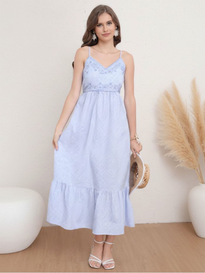 Vestido largo vichy con bordado floral