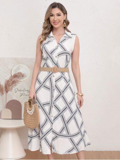 Vestido camisero midi estampado efecto lino con cinturón