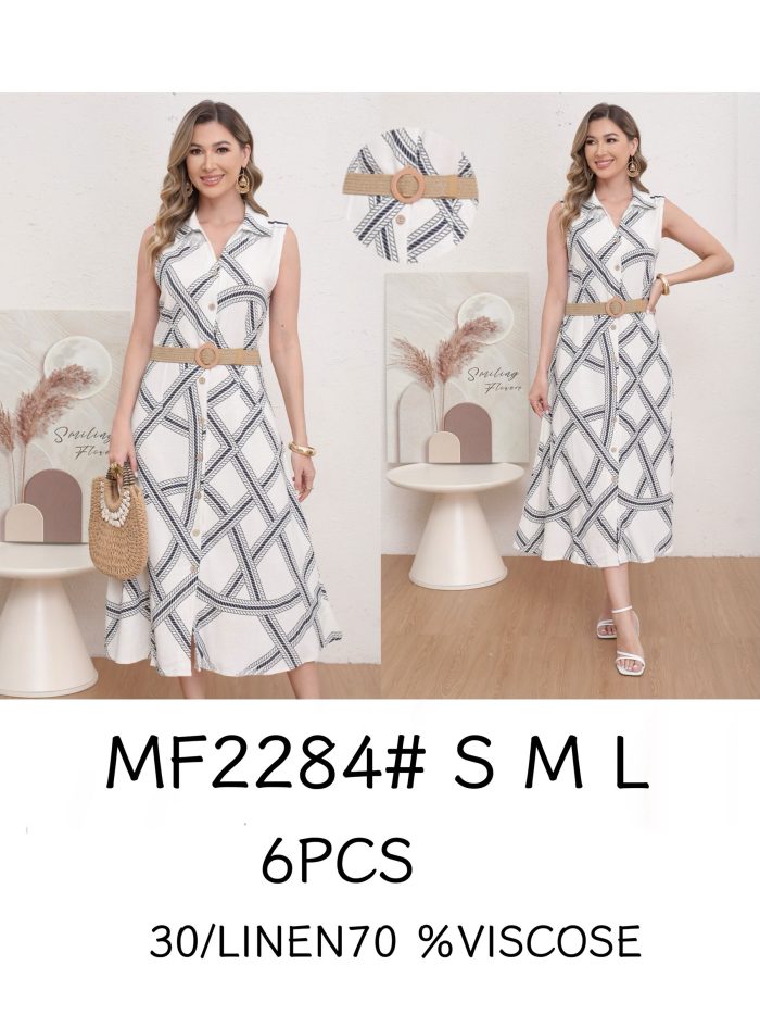 Vestido camisero midi estampado efecto lino con cinturón