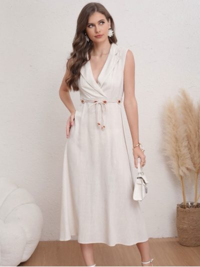 Vestido midi cruzado efecto lino con cordón