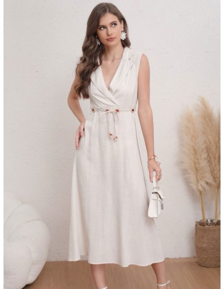 Vestido midi cruzado efecto lino con cordón