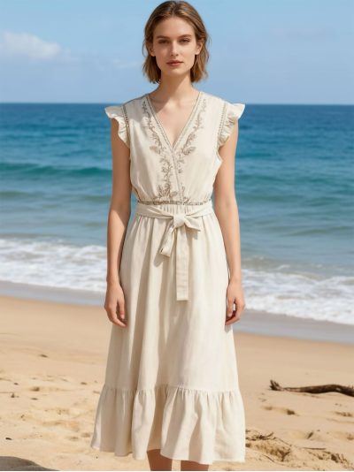 Vestido midi bordado con volantes y cinturón