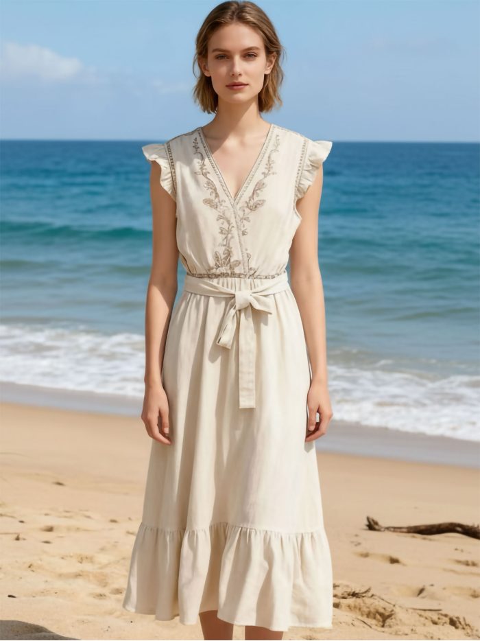 Abito midi ricamato con volant e cintura