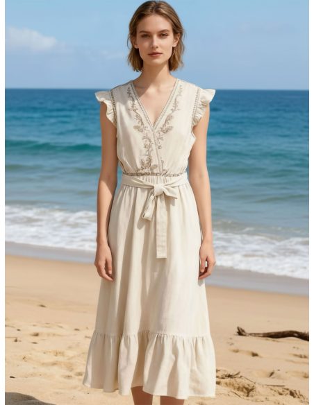 Abito midi ricamato con volant e cintura